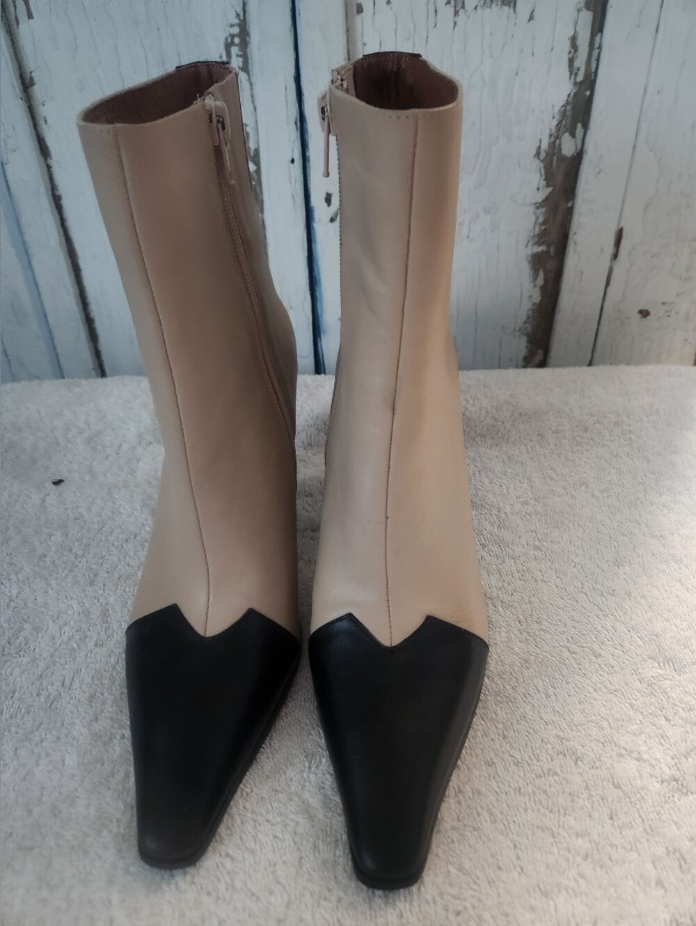 Jeffery Cambell Black & Tan Leather Boots with 2.5" square ended heels. New!